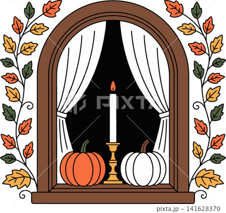 Autumn Window with Pumpkins and Candle Cozy Fall Home Illustration 141628370