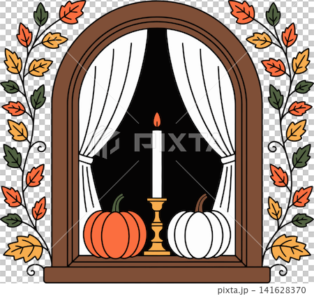 Autumn Window with Pumpkins and Candle Cozy Fall Home Illustration 141628370