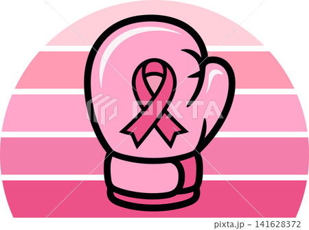 Pink Boxing Glove with Breast Cancer Awareness Ribbon and Retro Sunset Background Pink Boxing Glove with Breast Cancer Awareness Ribbon and Retro Sunset Background 141628372