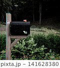 black mailbox on a wooden post 141628380
