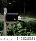 black mailbox on a wooden post 141628381