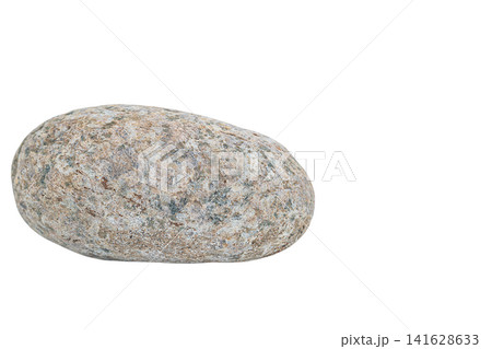 Gray round natural river stone of oval flattened shape with heterogeneous composition, spotted inclusions of red, white, black, isolated on white background with clipped path. Empty copy space Gray round natural river stone of oval flattened shape with heterogeneous composition, spotted inclusions of red, white, black, isolated on white background with clipped path. Empty copy space 141628633
