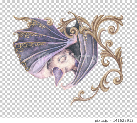 Cute sleeping bat with gold filigree ornament. Hand drawn watercolor purple bat with golden baroque scroll and rococo filigree. Victorian graphic for halloween card. Gothic decorative border. Cute sleeping bat with gold filigree ornament. Hand drawn watercolor purple bat with golden baroque scroll and rococo filigree. Victorian graphic for halloween card. Gothic decorative border. 141628912