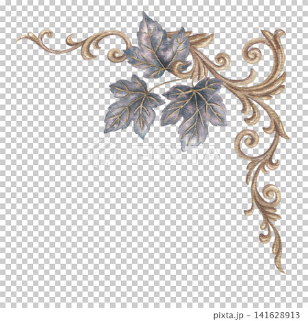 Ivy leaf with golden vintage ornament corner border. Hand drawn watercolor black plant with gold baroque scroll and filigree. Abstract graphic for halloween invitation. Gothic decorative template. Ivy leaf with golden vintage ornament corner border. Hand drawn watercolor black plant with gold baroque scroll and filigree. Abstract graphic for halloween invitation. Gothic decorative template. 141628913