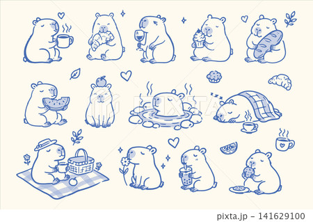 Cozy Capybara Doodles Set Cute Animal Food and Relaxing Scenes Cozy Capybara Doodles Set Cute Animal Food and Relaxing Scenes 141629100