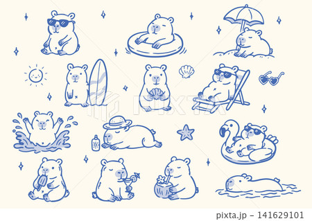 Summer Capybara Doodles Set Cute Beach Animal Characters Hand Drawn 141629101