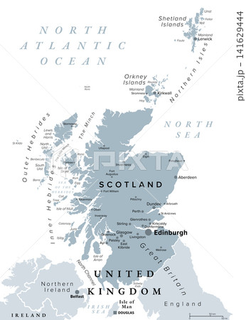 Scotland, part of UK, gray political map, with capital Edinburgh and largest cities. Country of United Kingdom, consisting of northern part of of Great Britain, Hebrides, and Northern Isles. Vector Scotland, part of UK, gray political map, with capital Edinburgh and largest cities. Country of United Kingdom, consisting of northern part of of Great Britain, Hebrides, and Northern Isles. Vector 141629444