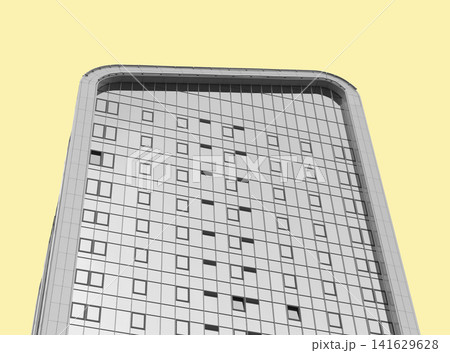Modern office tower with rounded corners and glass facade. Geometric skyscraper exterior with a grid of windows. Corporate architecture concept for Modern office tower with rounded corners and glass facade. Geometric skyscraper exterior with a grid of windows. Corporate architecture concept for 141629628