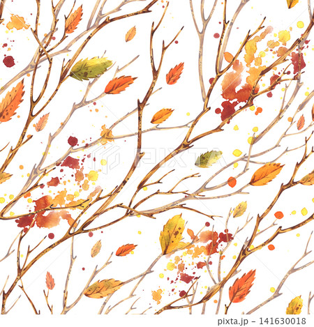 Watercolor seamless pattern with autumn tree branches and falling leaves. Hand drawn botanical texture for textile, wallpaper, stationery design and seasonal nature background. 141630018