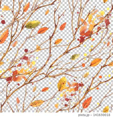 Watercolor seamless pattern with autumn tree branches and falling leaves. Hand drawn botanical texture for textile, wallpaper, stationery design and seasonal nature background. Watercolor seamless pattern with autumn tree branches and falling leaves. Hand drawn botanical texture for textile, wallpaper, stationery design and seasonal nature background. 141630018