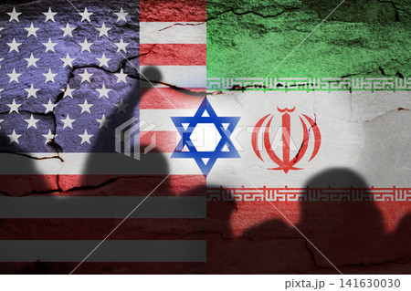 Conceptual geopolitical illustration featuring the flags of the USA and Iran with the Star of David and shadows, representing international relations, conflicts, and Middle East diplomacy Conceptual geopolitical illustration featuring the flags of the USA and Iran with the Star of David and shadows, representing international relations, conflicts, and Middle East diplomacy 141630030