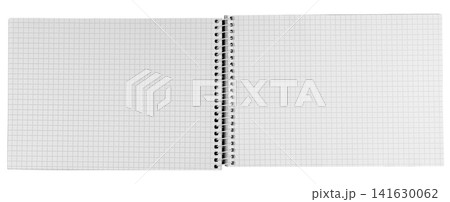 Open landscape spiral notebook with blank checkered graph paper pages isolated on white background 141630062