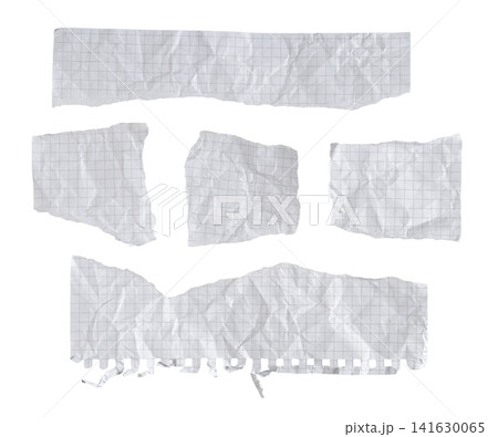 Crumpled torn white graph paper scraps and ripped grid pieces set isolated on white background Crumpled torn white graph paper scraps and ripped grid pieces set isolated on white background 141630065