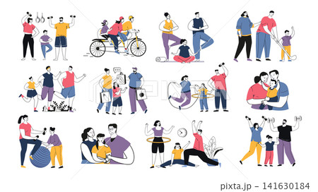 Healthy family lifestyle concept set in flat design. Parents and children exercising, cycling, running, playing sports, shopping healthy food and spending active time together. Vector illustrations. Healthy family lifestyle concept set in flat design. Parents and children exercising, cycling, running, playing sports, shopping healthy food and spending active time together. Vector illustrations. 141630184