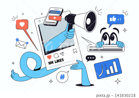 Social media influencer flat concept for web design. Online posting in blog, advertising with megaphone announcements, creating digital content and sharing with target audience. Vector illustration. Social media influencer flat concept for web design. Online posting in blog, advertising with megaphone announcements, creating digital content and sharing with target audience. Vector illustration. 141630218