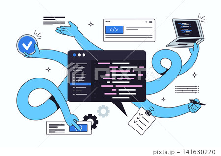 Software development flat concept for web design. Programming and creating IT products, testing cross platform code, editing scripts of apps or programs, engineering prototypes. Vector illustration. 141630220