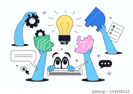 Teamwork flat concept for web design. Solve problem and finding best solutions in team, brainstorming together for innovation and progress, employees cooperation at project. Vector illustration. 141630222