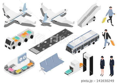 Airport isometric elements constructor mega set. Creator kit with flat graphic airplanes, security control, baggage line, seats in waiting room, passengers. Illustration in 3d isometry design Airport isometric elements constructor mega set. Creator kit with flat graphic airplanes, security control, baggage line, seats in waiting room, passengers. Illustration in 3d isometry design 141630249