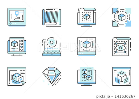 3d modeling and printing web icons set in line stroke design. Outline duotone pictogram pack of printer, filament, rapid prototyping, scale modification, scanner, editing, more. Vector illustration. 3d modeling and printing web icons set in line stroke design. Outline duotone pictogram pack of printer, filament, rapid prototyping, scale modification, scanner, editing, more. Vector illustration. 141630267