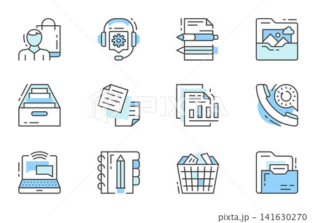 Business essential web icons set in line stroke design. Outline duotone pictogram pack of clients, support, office supply, portfolio, document, communication, contract, more. Vector illustration. Business essential web icons set in line stroke design. Outline duotone pictogram pack of clients, support, office supply, portfolio, document, communication, contract, more. Vector illustration. 141630270