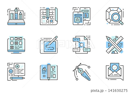 Creative process web icons set in line stroke design. Outline duotone pictogram pack of digital graphics, prototyping, testing, perfection details, project, brand book, more. Vector illustration. 141630275