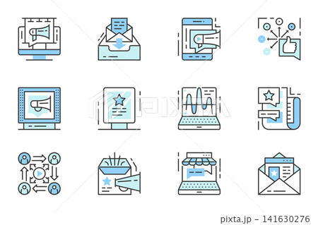 Digital marketing web icons set in line stroke design. Outline duotone pictogram pack of advertising, direct message, audience, television, advertisement campaign, magazine, more. Vector illustration. 141630276