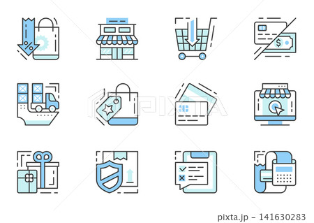 Retail shopping web icons set in line stroke design. Outline duotone pictogram pack of discount store, cart, payment options, shipping, sale offer, credit card, checkout, more. Vector illustration. 141630283