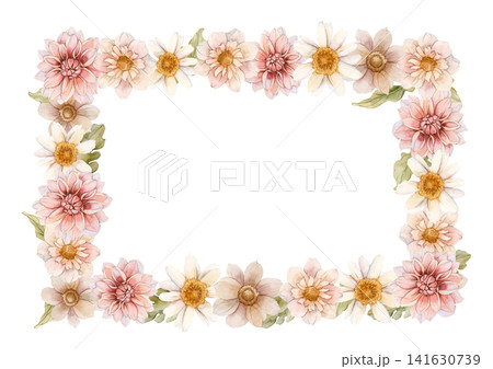 Autumn flower Frame Dahlia Chrysanthemum Aster. Watercolor hand drawn floral illustration isolated on white background wedding design home textile print cosmetic package porcelain crockery template Autumn flower Frame Dahlia Chrysanthemum Aster. Watercolor hand drawn floral illustration isolated on white background wedding design home textile print cosmetic package porcelain crockery template 141630739
