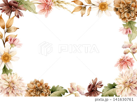 Autumn flowers Frame. Fall plants Dahlia Chrysanthemum Daisy. Watercolor hand drawn floral illustration isolated on white background wedding home textile cosmetic package porcelain crockery template 141630761