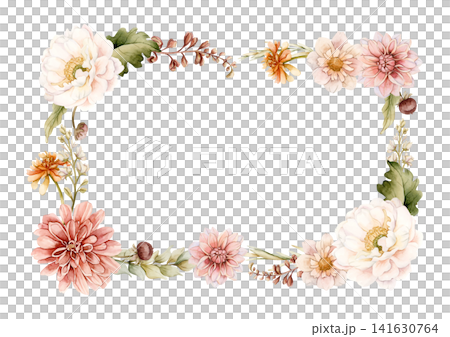 Autumn flower Frame Fall plant Dahlia Chrysanthemum Zinnia. Watercolor hand drawn floral illustration isolated on white background wedding home textile cosmetic package porcelain crockery template Autumn flower Frame Fall plant Dahlia Chrysanthemum Zinnia. Watercolor hand drawn floral illustration isolated on white background wedding home textile cosmetic package porcelain crockery template 141630764