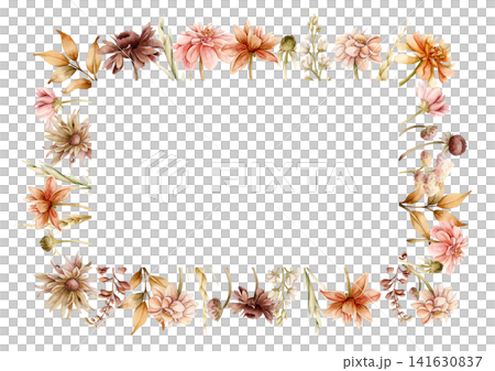 Autumn flower Frame Dahlia Chrysanthemum Aster Echinacea wildflowers. Watercolor hand drawn floral illustration isolated on white background for wedding design home textile cosmetic package template Autumn flower Frame Dahlia Chrysanthemum Aster Echinacea wildflowers. Watercolor hand drawn floral illustration isolated on white background for wedding design home textile cosmetic package template 141630837