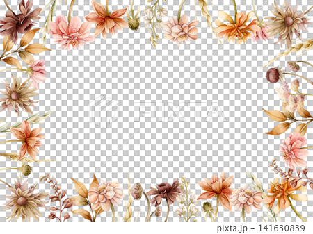 Autumn flower Frame Dahlia Chrysanthemum Aster Echinacea wildflowers. Watercolor hand drawn floral illustration isolated on white background for wedding design home textile cosmetic package template 141630839