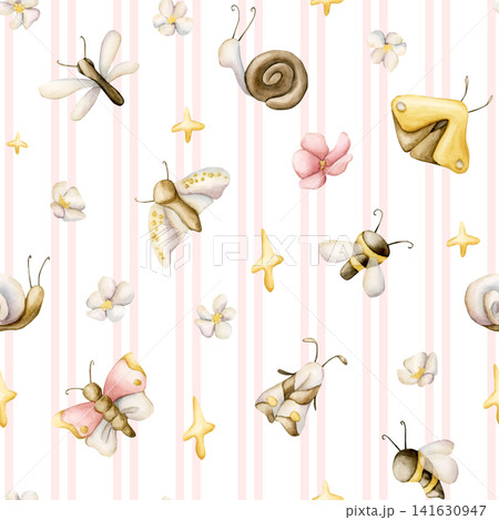 Cute Insects Flower Star Pink Striped Seamless Pattern. Butterfly Bee Dragonfly Snail Watercolor illustration hand painted isolated on white background for nursery design summer forest textile print 141630947