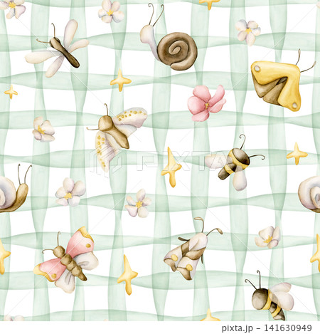 Cute Insects Flower Star Green Checked Seamless Pattern. Butterfly Bee Dragonfly Snail Watercolor illustration hand painted isolated on white background for nursery design summer forest textile print Cute Insects Flower Star Green Checked Seamless Pattern. Butterfly Bee Dragonfly Snail Watercolor illustration hand painted isolated on white background for nursery design summer forest textile print 141630949