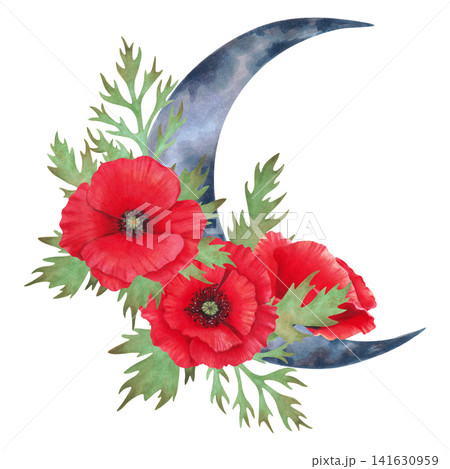 Watercolor botanical illustration of a crescent moon with red poppy and foliage. Hand drawn composition. Poppy Day. Suitable for nursery decor, posters, cards, invitations. Remembrance. ANZAC Day. 141630959
