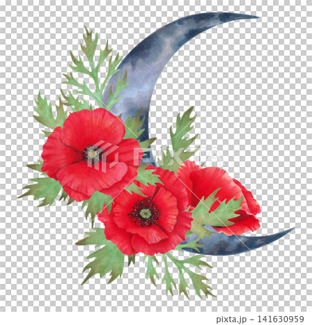 Watercolor botanical illustration of a crescent moon with red poppy and foliage. Hand drawn composition. Poppy Day. Suitable for nursery decor, posters, cards, invitations. Remembrance. ANZAC Day. 141630959