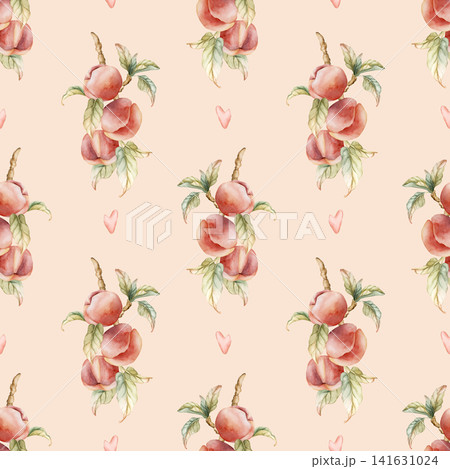 Pink Peaches Seamless Pattern Summer Juicy Ripe Fruits. Watercolor hand drawn floral food illustration isolated on beige background for home kitchen table textile fresh fabric print cosmetic package Pink Peaches Seamless Pattern Summer Juicy Ripe Fruits. Watercolor hand drawn floral food illustration isolated on beige background for home kitchen table textile fresh fabric print cosmetic package 141631024