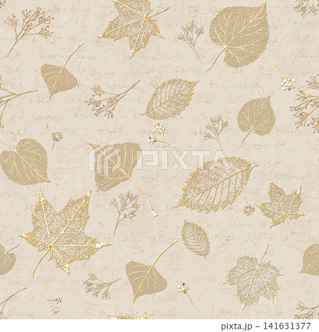 Vintage golden herbarium leaves seamless pattern on antique letter paper Vintage golden herbarium leaves seamless pattern on antique letter paper 141631377