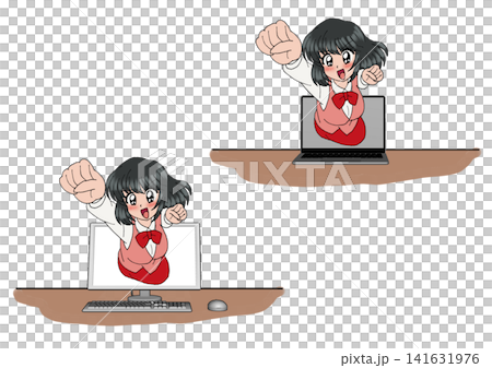 一名女職員從電腦螢幕跳了出來。 一名女職員從電腦螢幕跳了出來。 141631976