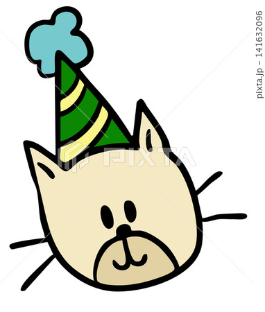 Hand drawn cat face shape wearing party hat for animal costume, kitten cartoon, characters, comic, mascot, stickers, pet shop, vet, home decor, house, yard, playtime, icon, room, celebration	 141632096