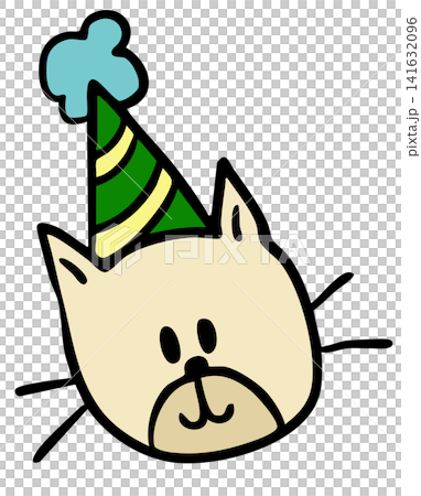 Hand drawn cat face shape wearing party hat for animal costume, kitten cartoon, characters, comic, mascot, stickers, pet shop, vet, home decor, house, yard, playtime, icon, room, celebration	 141632096