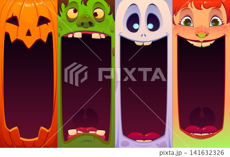 Halloween monster character faces. Vector pumpkin jack o lantern with wide grin, green rotten zombie, pale ghost face with blue eyes and witch with sharp teeth. Halloween banners with face and mouth Halloween monster character faces. Vector pumpkin jack o lantern with wide grin, green rotten zombie, pale ghost face with blue eyes and witch with sharp teeth. Halloween banners with face and mouth 141632326