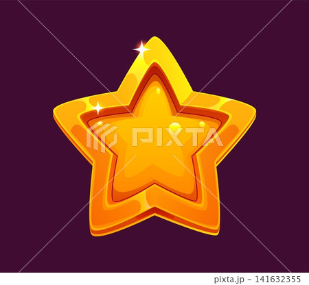Golden star for game icon or UI interface and casino trophy gold element. Video game item of golden star for level achievement or treasure gold symbol of gift medal in game bonus or shiny prize reward 141632355