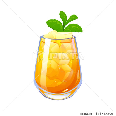 Whiskey smash cocktail glass cup or party alcohol drink for beverage bar menu. Whiskey smash or Bulldog Smash cocktail glass of bourbon with peach fruits, ice cubes and mint leaf Whiskey smash cocktail glass cup or party alcohol drink for beverage bar menu. Whiskey smash or Bulldog Smash cocktail glass of bourbon with peach fruits, ice cubes and mint leaf 141632396