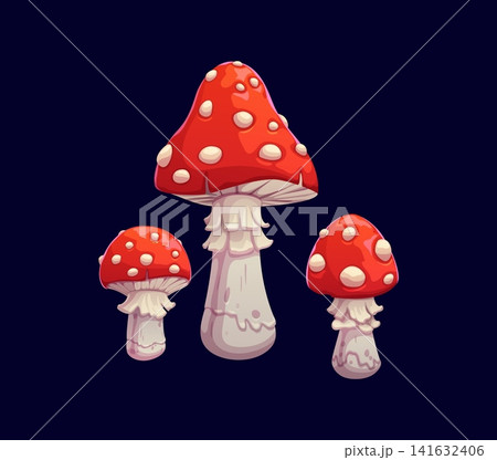Halloween cartoon amanita mushrooms. Playful cartoon fly agaric mushrooms with bright red caps and white spots. Whimsical, spooky vector fungi for Halloween party decorations, magical forest game Halloween cartoon amanita mushrooms. Playful cartoon fly agaric mushrooms with bright red caps and white spots. Whimsical, spooky vector fungi for Halloween party decorations, magical forest game 141632406