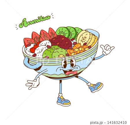 Cartoon groovy Japanese wagashi dessert or anmitsu sweet food character. Groovy Japanese dessert confectionery with strawberry and fruits in red bean paste or jelly candy for Japan cuisine character 141632410