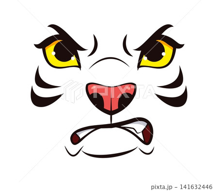 Angry tiger face emoji of cartoon animal eyes and mouth with emotion expression. Wild animal muzzle face emoji with grumpy irate expression of anger or growling threatening rampant furious eyes look Angry tiger face emoji of cartoon animal eyes and mouth with emotion expression. Wild animal muzzle face emoji with grumpy irate expression of anger or growling threatening rampant furious eyes look 141632446