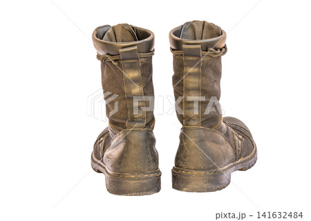 Worn Combat Boots Isolated on White Background Worn Combat Boots Isolated on White Background 141632484