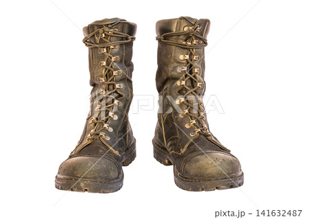 Pair of Worn Black Combat Boots Isolated on White 141632487