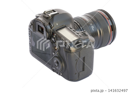 Professional DSLR Camera with Zoom Lens on White Background Professional DSLR Camera with Zoom Lens on White Background 141632497